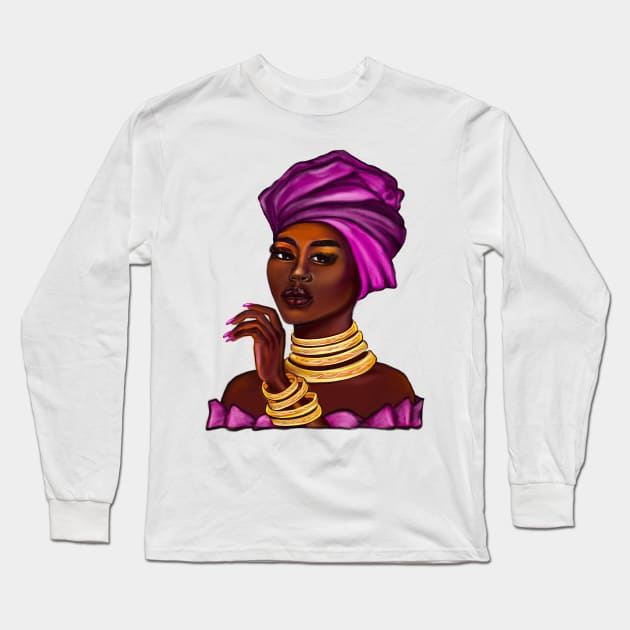 side eye Queen  Black is beautiful black girl with Gold bangles, neck ring necklace, purple dress and head wrap, brown eyes and dark brown skin ! Long Sleeve T-Shirt by Artonmytee